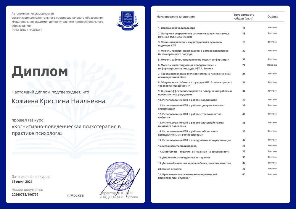 Диплом по когнитивно-поведенческой психотерапии Кристины Кожаевой